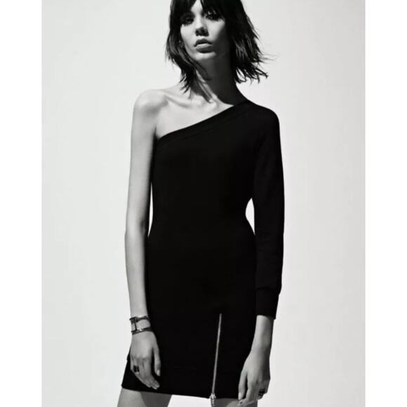 R13 Black One Shoulder French Terry Cotton Sweatshirt Dress 2016 Zip Slit S - Picture 1 of 7